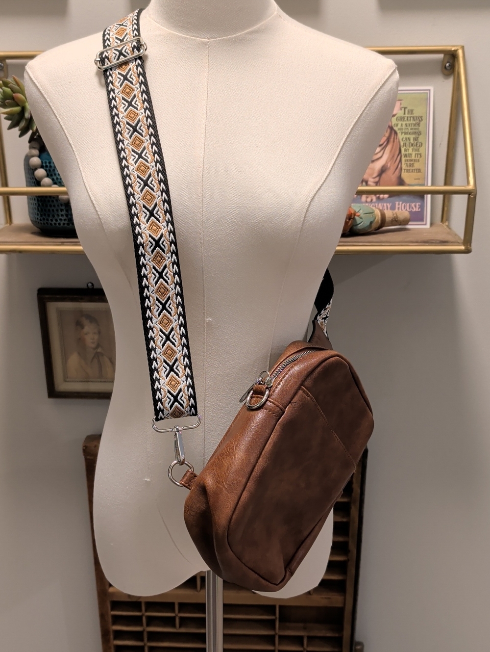 Brown Faux Leather Crossbody Bag with Patterned Adjustable Strap - Picture 2 of 14